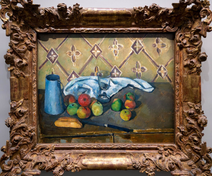 Fruits, napkin and milk box- Paul Cézanne